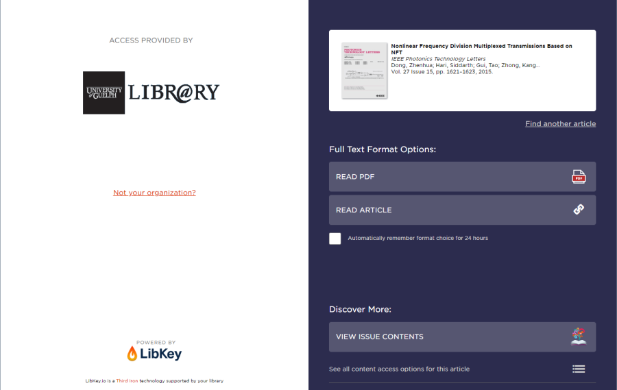 A screenshot of the LibKey format chooser screen which shows options to "Read PDF," "Read Article," or "View Issue Contents."