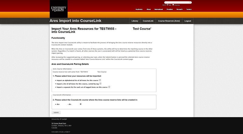 Screenshot of the Import Your Ares Resources into CourseLink selection screen showing a form with various options to configure the import process.