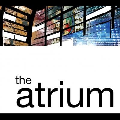 The top half of this square image includes a variety of colourful snippets of different images -- a variety of beiges, burgundies, greens, and blues. The bottom half of the image is has a white background with a black horizontal line at the bottom. Above the black line at the bottom it reads "the atrium."