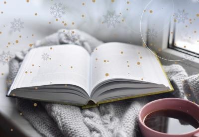Image of an open book resting atop a blanket beside a window. Near the book, there is a hot beverage in a mug. Decorative graphics including snowflakes, dots, and curved lines overlay the image.