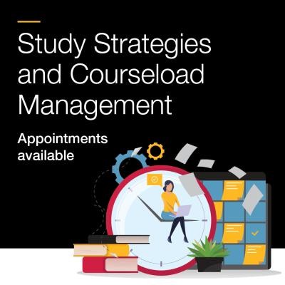 Graphic with other graphics overlaid which include but are not limited to graphics depicting a clock, a pile of books, and an individual working on a laptop. The text reads "Study Strategies and Courseload Management. Appointments available."
