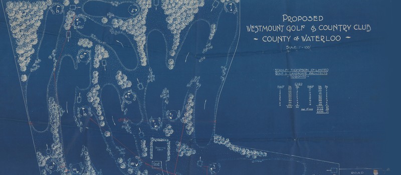 Architectural blueprint drawing of the proposed Westmount Golf and Country Club, County of Waterloo. The blueprint shows where the holes would be, and how the course could be landscaped with trees.