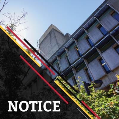 Notice with an image of the library on a sunny day in the background.