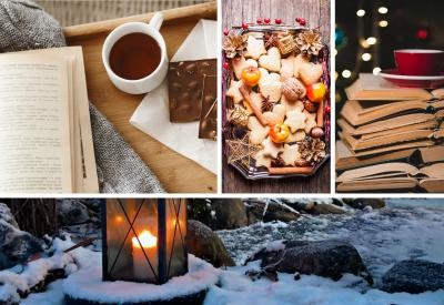 This graphic features four photos. Top left: an open book with a mug of hot chocolate and some chocolate, top middle: a platter with heart and star sugar cookies, decorated with pine cones, wooden stars, and cranberries, top right: a stack of open books with a red cup and saucer on top, bottom photo: a wintery outdoor shot with frozen water, rocks, and a glass lantern with a candle in it.