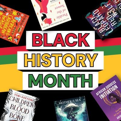 Black History Month written in the centre of the image, with six books from the collection featured around the outside of the graphic.