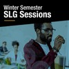 Photo of students sitting at desks and another student writing on a white board. There are transparent decorative graphics overlaying the photo. The text reads, “Winter Semester SLG Sessions.” There is a decorative graphic beneath the text.
