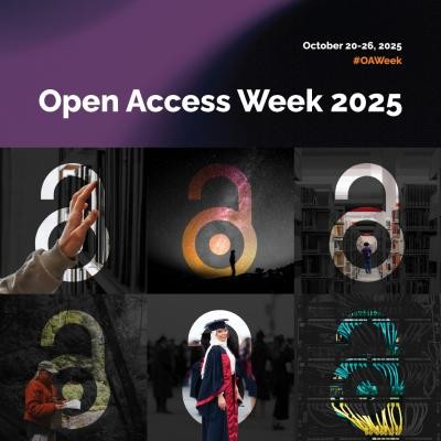 International Open Access Week 2025 runs from October 20 to 26. Unlocked padlocks lie over images that reflect academia like library shelves and graduating scholars to symbolize opening access to information and research.