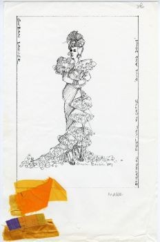 Susan Benson design of a woman with yellow fabric samples attached