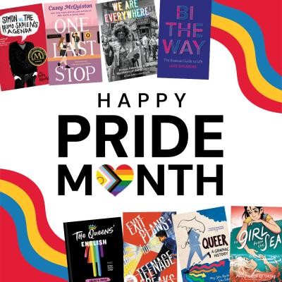 Happy Pride Month written in the middle of the graphic with four book covers from the collection on top and four below. 