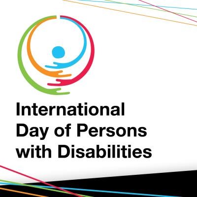 Text on graphic reads: International Day of Persons with Disabilities. In the upper lefthand corner there is a logo made up of blue, green, orange, and red arms joining together.