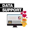 This photo includes the words data support along with a graphic of a computer screen and a robot pointing at the data on the screen. There are hearts floating up above the robot&#039;s head.