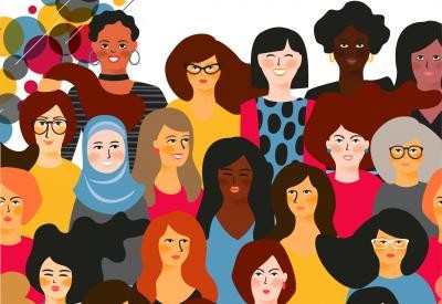 This image, on a white background, is of illustrations of women from a variety of cultural backgrounds. In the upper left hand corner of the image, there are decorative circles in red, blue, yellow, and black. 