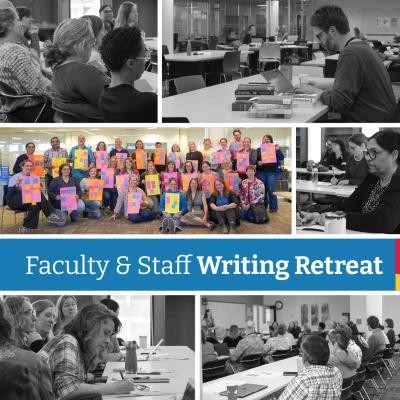 Photos from Faculty Writing Retreat in 2025 where folks gathered to write on paper, on laptops, listen to seminars, and gather as a group.