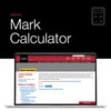 The primary graphic features an open laptop displaying the Mark Calculator web page on the library website. The text on the primary graphic reads "Mark Calculator." There is a decorative element above the text. In the top right corner, there is an additional graphic of a calculator.