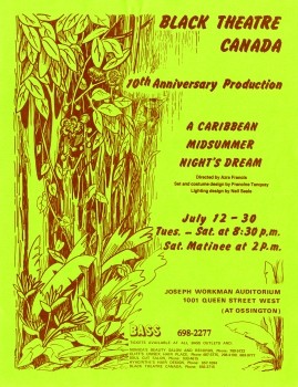 Black Theatre Canada poster for a Caribbean Midsummer Night's Dream, July 1983.
