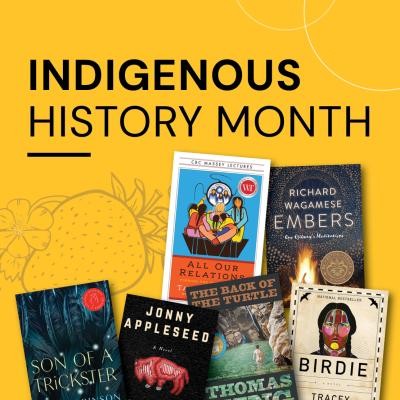 Indigenous History Month with a number of books from the collection on the bottom of the graphic.