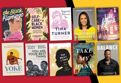 10 book covers from the Black History Month 2024: 360°; Health and Wellness collection are featured in this graphic. The covers are in two rows of five and lie on top of a red, black, and yellow background.
