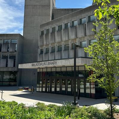 McLaughlin Library exterior shot of entrance in the spring.