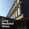 Graphic with a photo of the exterior of the McLaughlin Library. The text on the graphic reads "Long Weekend Hours." There are also decorative elements on the graphic.