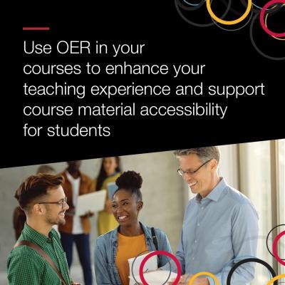 Decorative graphic with a photo of an instructor standing with two students. The instructor and the two students are smiling. The students are holding course materials and the instructor is looking down at a piece of paper that he is holding. The text reads “Use OER in your courses to enhance your teaching experience and support course material accessibility for students.” There is a University of Guelph McLaughlin Library logo in the bottom left corner.