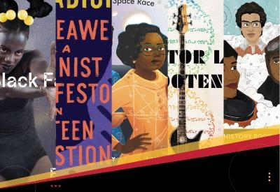 Decorative graphic with a collage of images of covers of five books from the library's digital display in honour of Black History Month. The digital display is entitled "Celebrating Black Achievement."