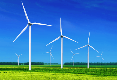 Windmills in a field.