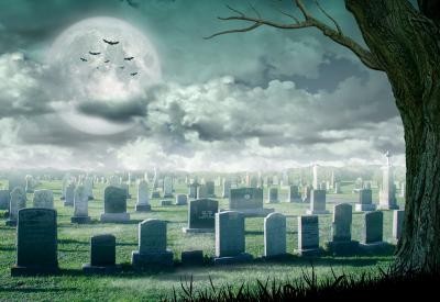 Spooky halloween looking image with grey sky, clouds, tree. At a graveyard. 